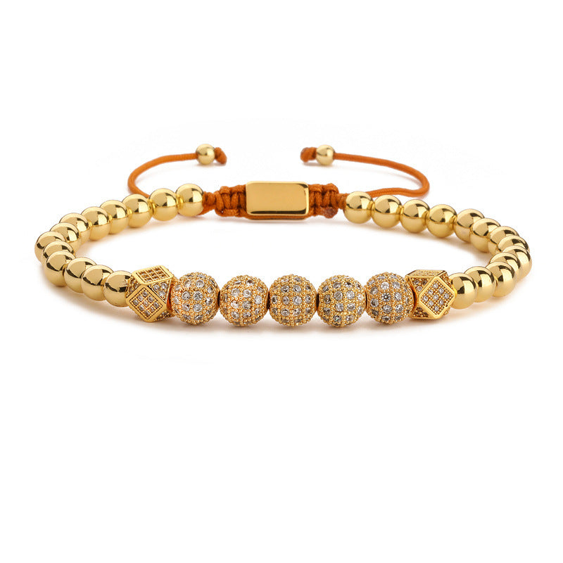 Wholesale Crown 8mm Micropaved Zirconia Gold Diamond Ball Copper Bead Braided Bracelet